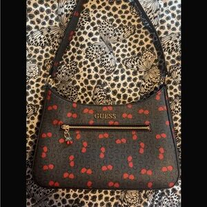 GUESS Black Shoulder Bag with Red Cherry Print